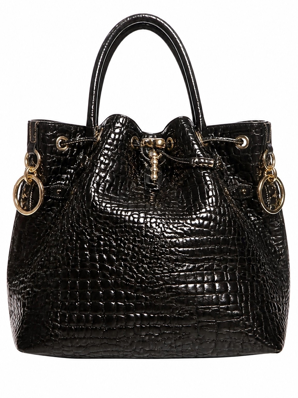 Charles David Black Croc-Effect Drawstring Leather Shoulder Bag/Gold Hardware